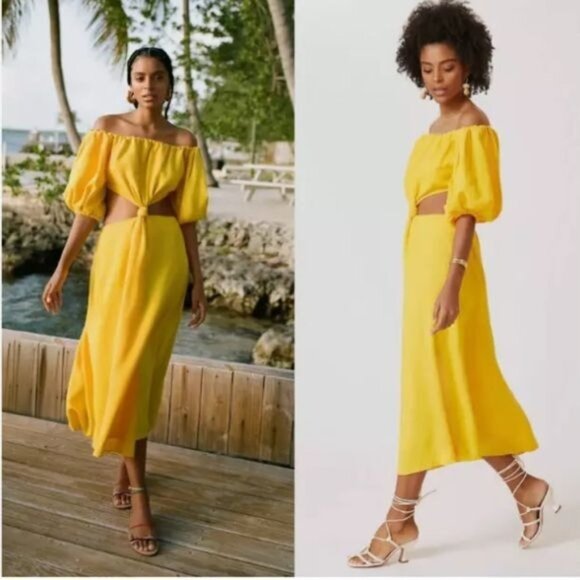 FARM RIO OFF THE SHOULDER KNOTTED CUTOUT MARIGOLD YELLOW MIDI DRESS MEDIUM - Picture 1 of 14